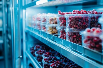 Freeze-dried fruit crystallization process under blue laboratory lighting, showcasing microstructure changes in a scientific documentary style