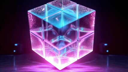 A glowing, crystalline cube radiates vibrant blue and purple light against a dark backdrop, creating a futuristic, abstract aesthetic - Powered by Adobe