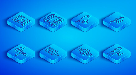 Obraz premium Set line Ticket box office, Cannon, Ice cream, Attraction carousel, Seesaw, Hot air balloon and Swing plane icon. Vector