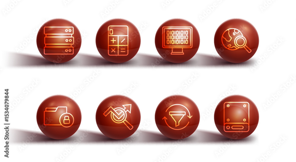 Poster set line server, folder and lock, search globe, sales funnel with chart, data analysis, calculator, 