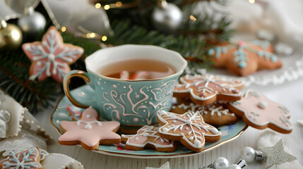 Fototapeta premium Christmas Gingerbread Cookies On Blue Wooden Table A cup of tea and gingerbread cookies for today Various gingerbread cookies, snowy spruce twigs red berries golden net and bulb garland, Generative AI
