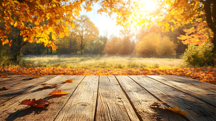 Wood table in autumn landscape with empty copy space for product display