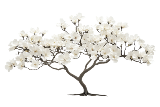 Delicate white flowers bloom on a tree branch, showcasing nature's beauty in a serene and minimalistic setting