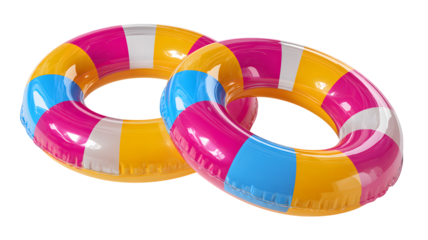 Two colorful striped inflatable pool floats displayed against a background with playful summertime vibes