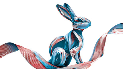 Colorful abstract rabbit sculpture with flowing ribbons, set against a white background