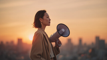 拡声器を構え未来を見つめる日本人女性起業家
