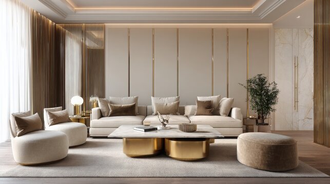 luxurious living room interior with gold accents, beige furniture, warm lighting, modern minimal style