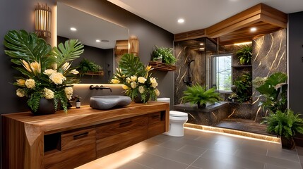 Eco-conscious bathroom with luxury finishes details high resolution photo