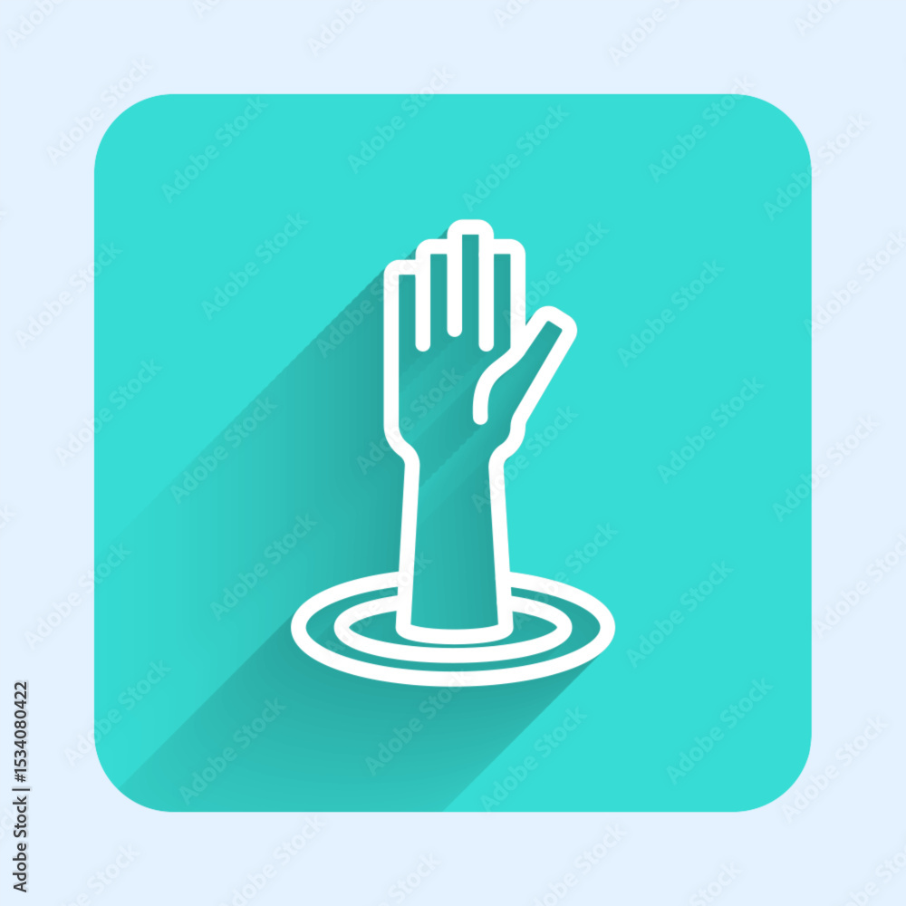 Poster white line helping hand icon isolated with long shadow background. green square button. vector