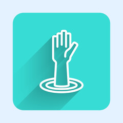 White line Helping hand icon isolated with long shadow background. Green square button. Vector
