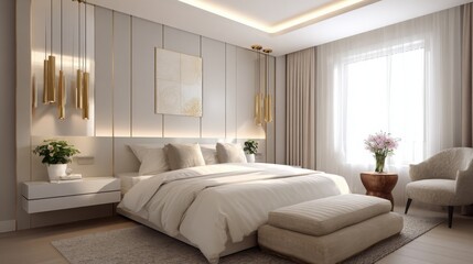 modern bedroom with golden decor elements, soft white bedding, ambient lights, minimal furniture, calm and elegant mood