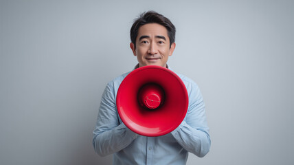 拡声器を抱え穏やかに微笑む日本人男性