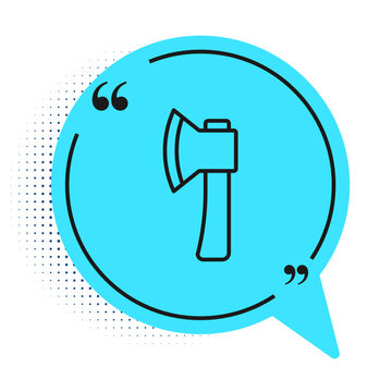 recommend clip art: Black line Wooden axe icon isolated on white background. Lumberjack axe. Blue speech bubble symbol. Vector