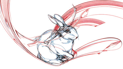 Artistic depiction of a rabbit surrounded by flowing red lines, symbolizing movement and grace
