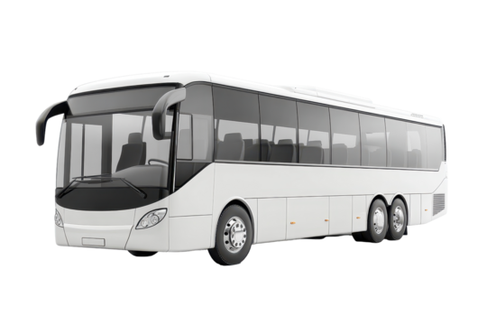 White passenger bus parked on a plain white background showcasing its modern design and spacious interior suited for various transportation needs