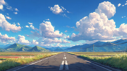 Serene landscape featuring a long, empty road stretching towards distant mountains under a bright sky