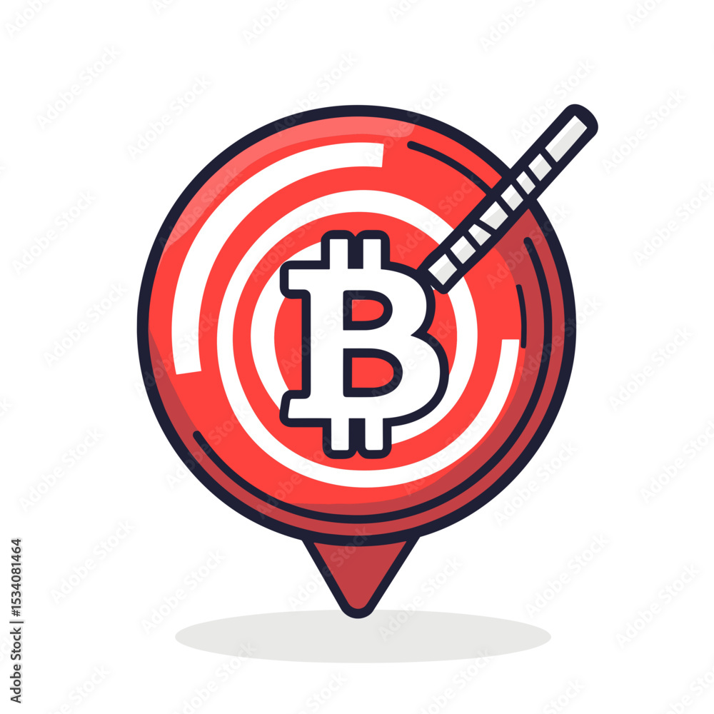 Poster conceptual bitcoin target with circular design and digital currency depiction in red and white accen