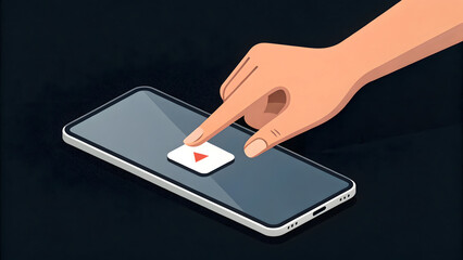 hand engaging with a smartphone vector, overlaid with a small video play button, minimal black background, commercial use