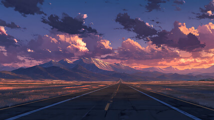 Scenic highway stretching towards majestic mountains under a vibrant sunset sky