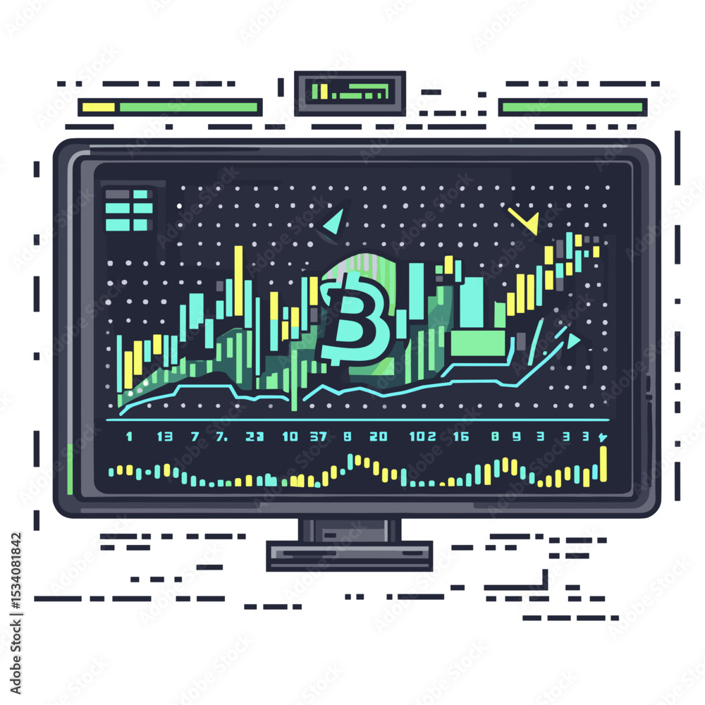 Poster digital bitcoin cryptocurrency stock market chart analysis on computer screen vector illustration