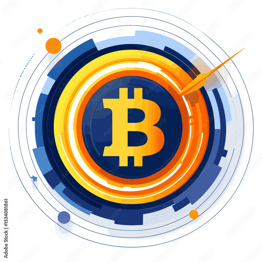 Poster digital bitcoin currency symbol with abstract circular design on white background