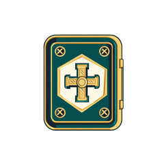 Obraz premium Detailed Pixel Art of Holy Book with Cross Symbol on Teal Cover with Gold Trim Isolated on White