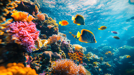 Naklejka premium Tropical sea underwater fishes on coral reef. Aquarium oceanarium wildlife colorful