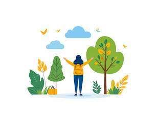 Woman with Backpack Embracing Nature Surrounded by Trees and Flying Birds