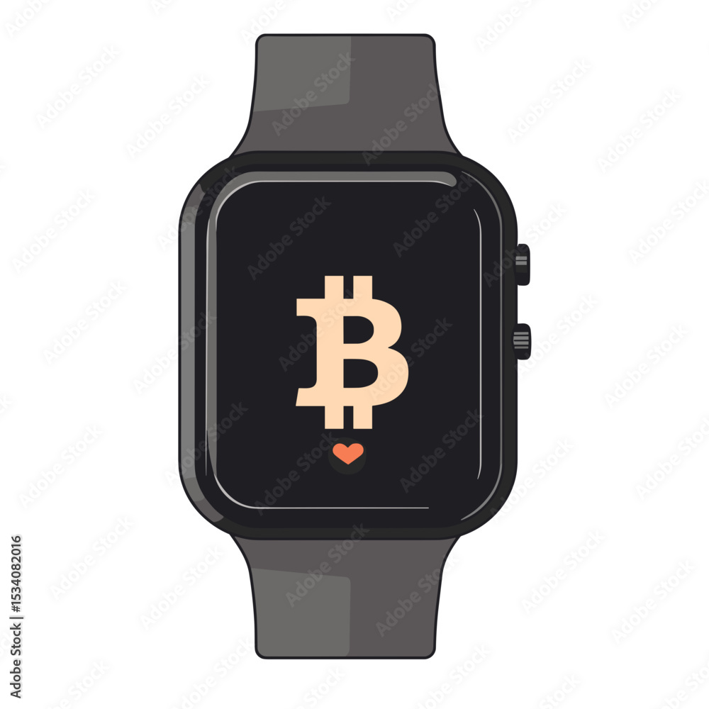 Poster digital smartwatch displaying bitcoin symbol with black band and screen showing modern tech and fina