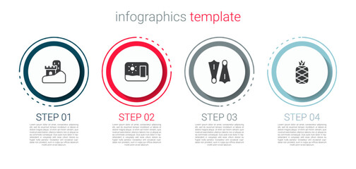 Set Sand castle, Travel postcard, Rubber flippers for swimming and Pineapple. Business infographic template. Vector © Kostiantyn