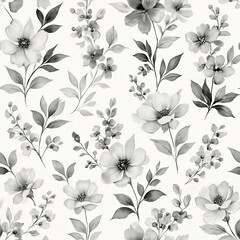 Seamless Monochrome Floral Fabric Pattern with Hand Drawn Watercolor Flowers and Leaves in Black and White for Textile Design