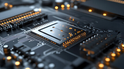 Close-Up View of a High-Tech Circuit Board with Illuminated Components