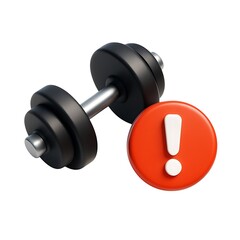 3d icon of black dumbbell with red exclamation mark isolated on white background