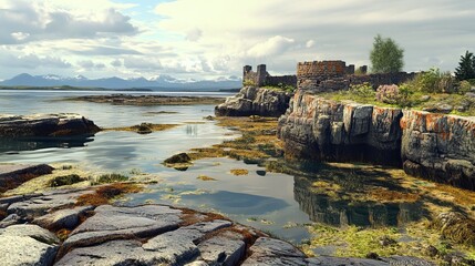 Coastal stone ruin reflecting in calm waters, nestled on rocky shoreline with mountains in the distance.  A serene landscape with lush greenery