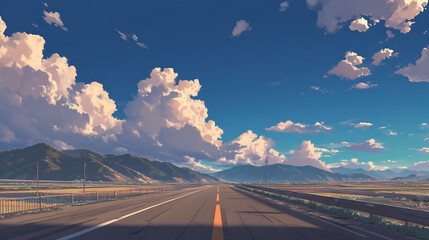 Scenic highway stretching through vibrant mountains under a blue sky with fluffy clouds