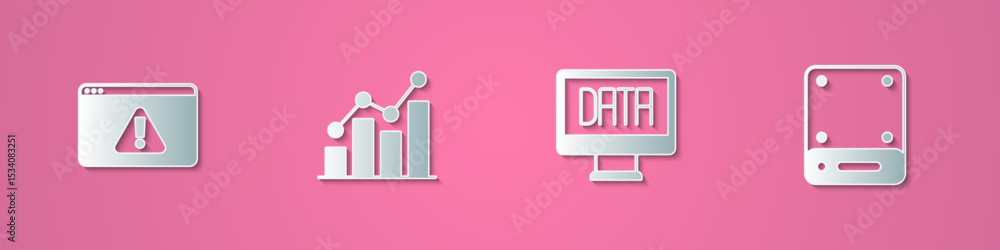 Poster set paper cut browser with exclamation mark, pie chart infographic, data analysis and server icon. p