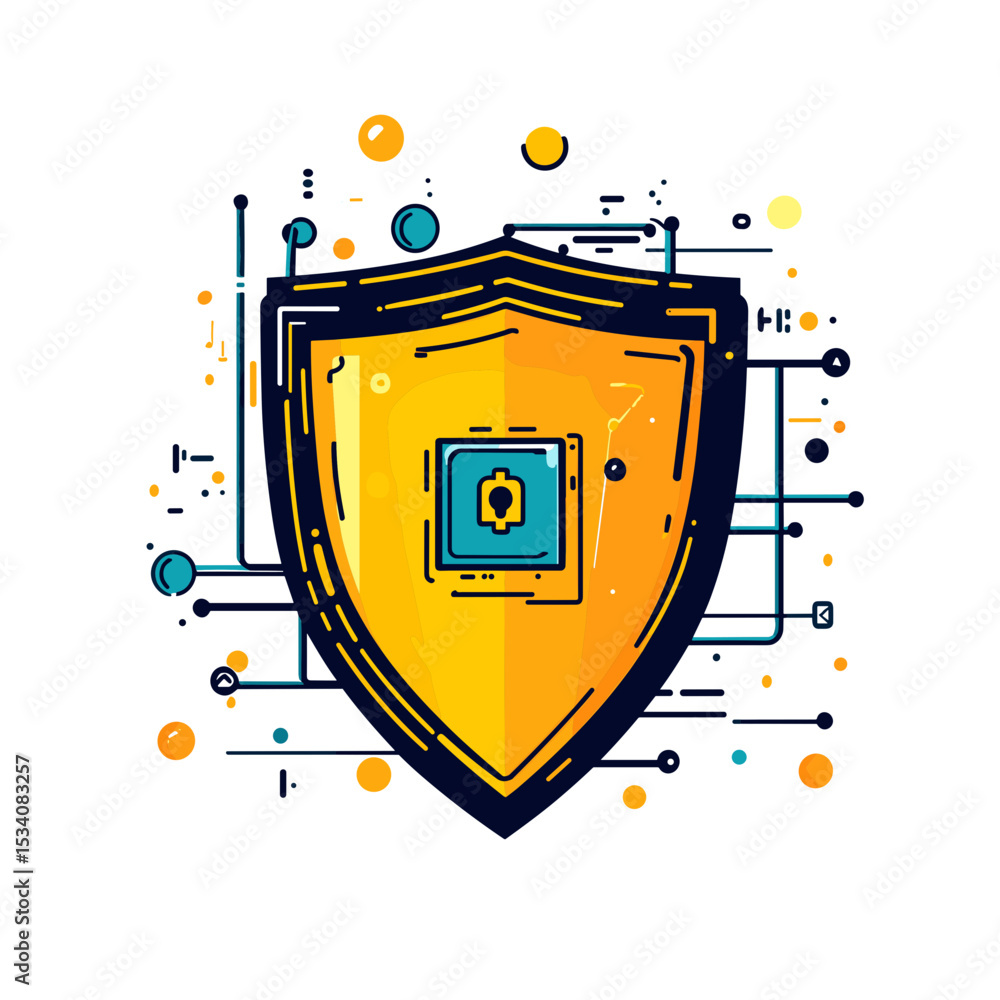 Fototapete golden shield protecting digital information with cybersecurity network in white background