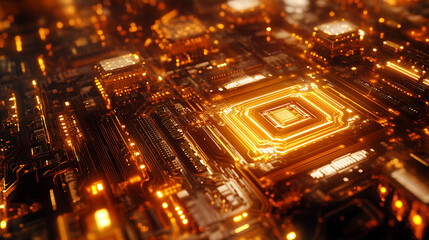 Illuminated Circuit Board with Golden Highlights