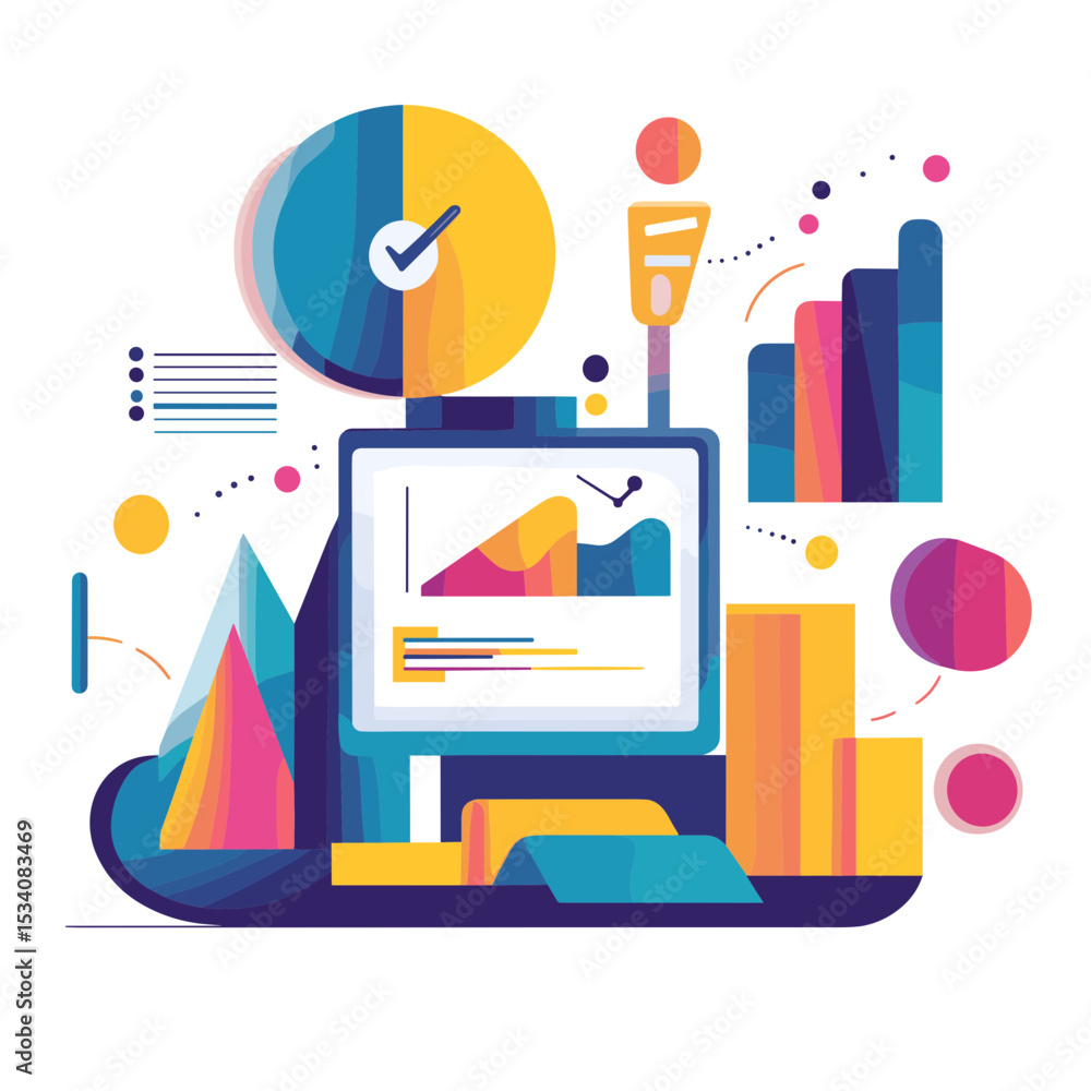 Poster abstract data analysis display with colorful chart and graph elements against a white background dep