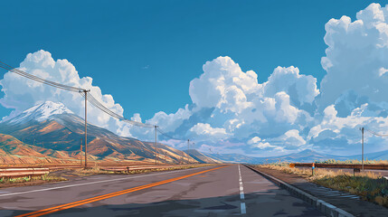 Scenic road stretching through a mountainous landscape under a bright blue sky with clouds