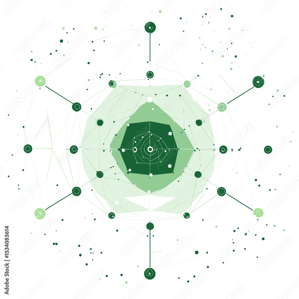 Poster abstract green geometric network with interconnected shapes on a white background in a modern illust
