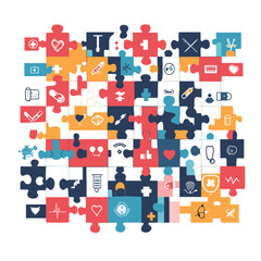 Naklejka premium Abstract Healthcare Concept Featuring Interlocking Puzzle Pieces with Medical Icons in White Background