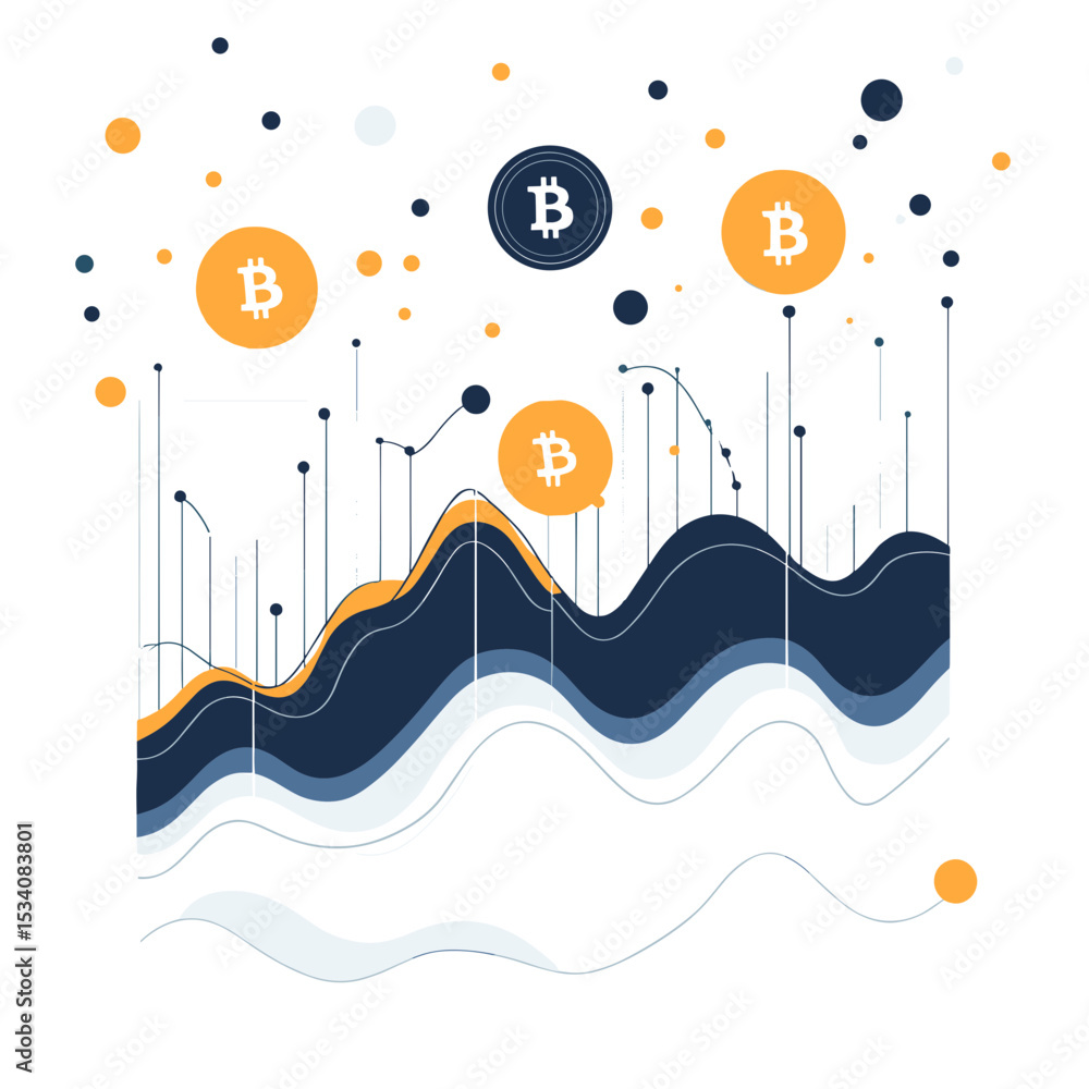 Poster abstract wavy line graph with bitcoin symbols on white background for market analysis and cryptocurr