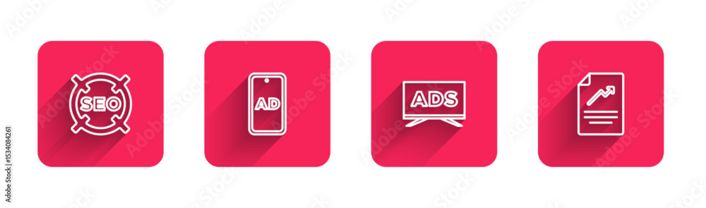 Poster set line seo optimization, advertising, and document with graph chart with long shadow. red square b