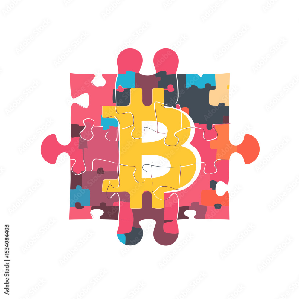Poster bitcoin symbol within colorful puzzle pieces on white background representing digital currency and c