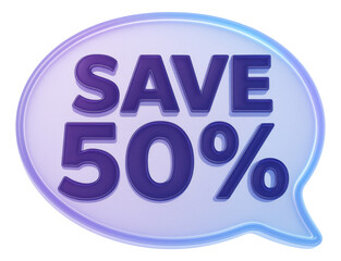 Purple bubble sticker with SAVE 50% in bold text, eye-catching discount offer on transparent background.