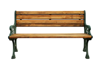 Wooden park bench isolated on a transparent background showcasing elegant design and sturdy construction, perfect for outdoor relaxation in any setting