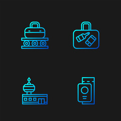 Set line Passport with ticket, Airport control tower, Conveyor belt suitcase and Suitcase. Gradient color icons. Vector