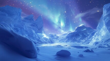 Stunning aurora borealis illuminates a serene, snow-covered arctic landscape at night.