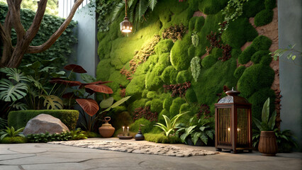 Obraz premium Lush Indoor Garden with Green Moss Wall and Cozy Decorative Elements